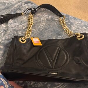 Valentino Black Leather Shoulder Bag with Gold Chain